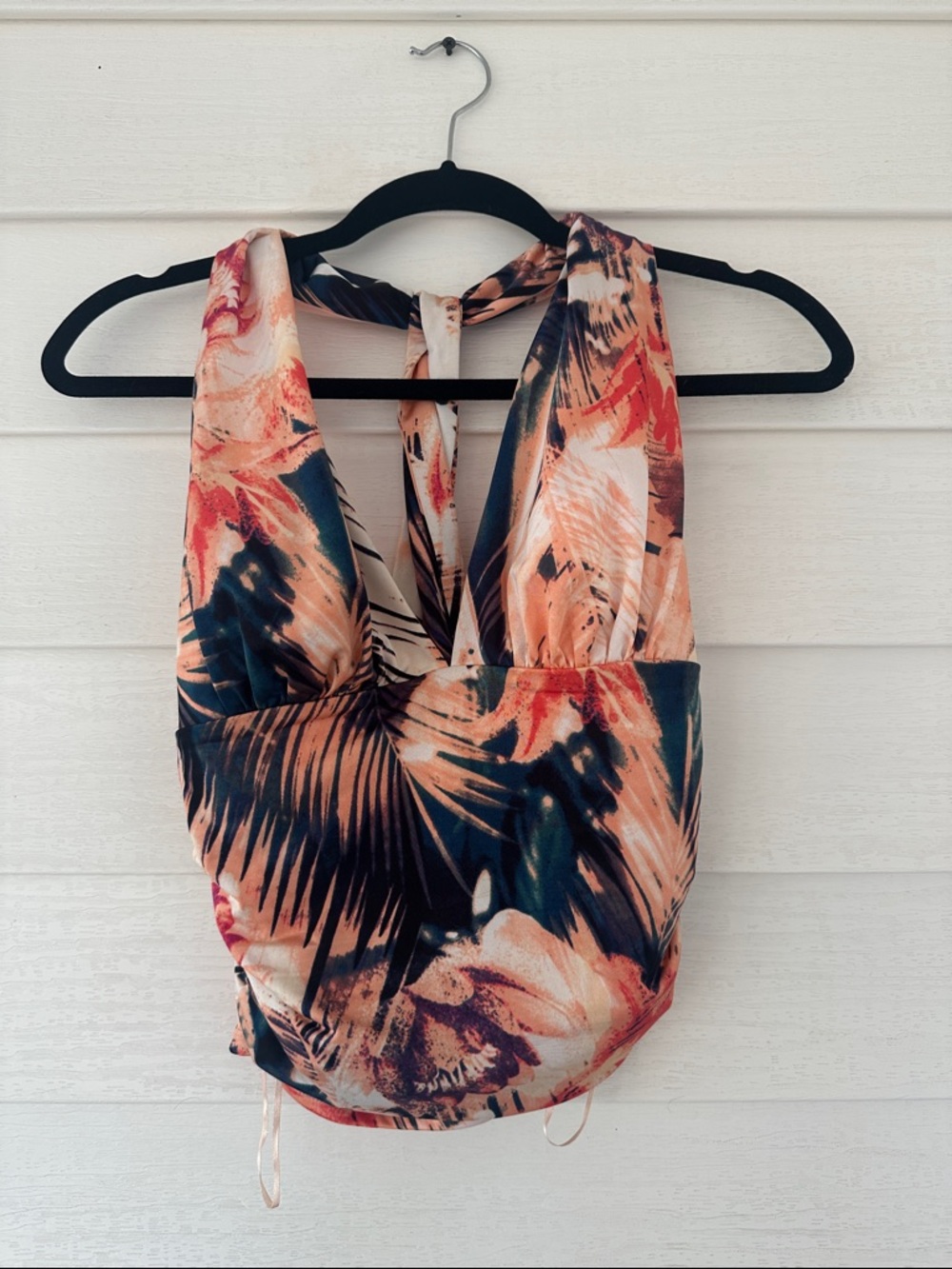 Guess Tropical Print Crop Top in Peach, Navy & Coral